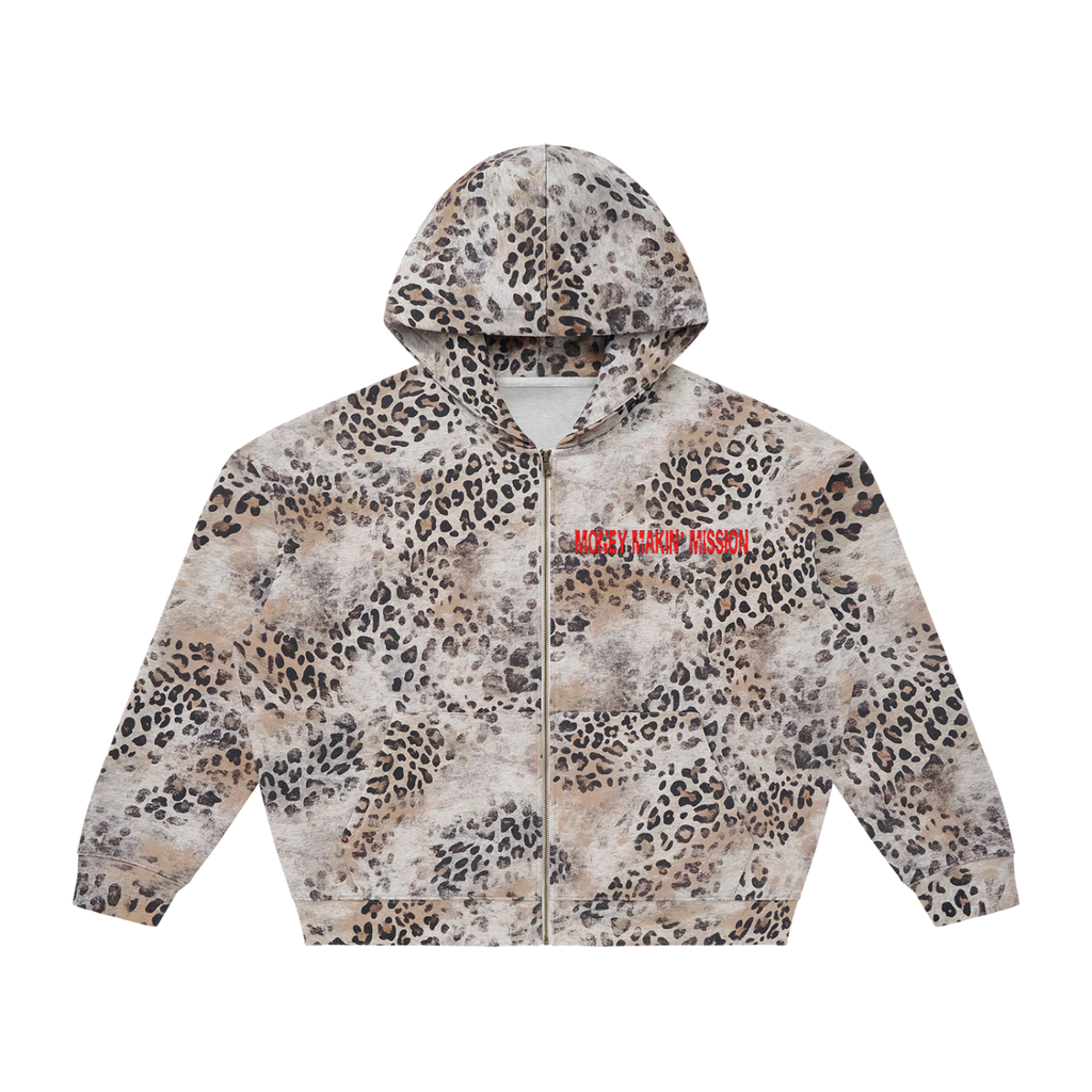 Unisex “Money Makin’ Mission” Vin-Wash Leopard Full Zip Hoodie